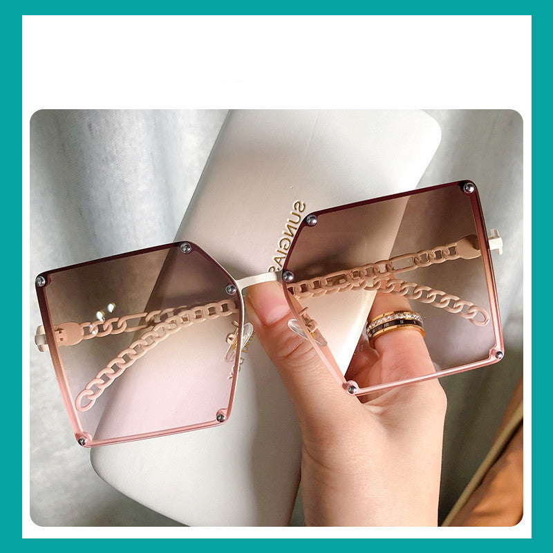 Frameless Big Square Sunglasses Women Fashion Street Shooting G New Sunglasses Personality Metal Chain Trendy Glasses