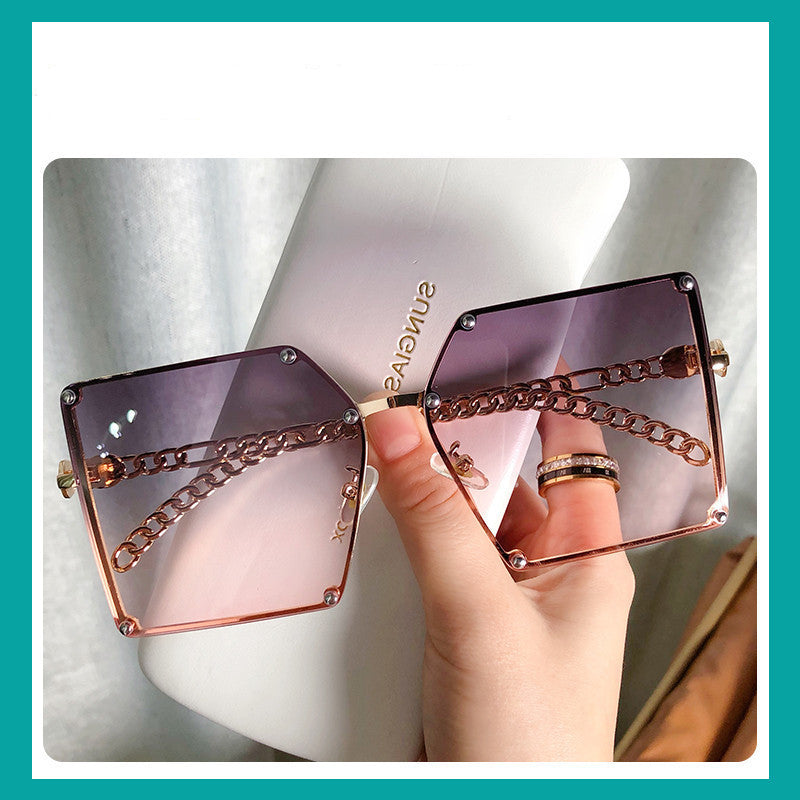 Frameless Big Square Sunglasses Women Fashion Street Shooting G New Sunglasses Personality Metal Chain Trendy Glasses