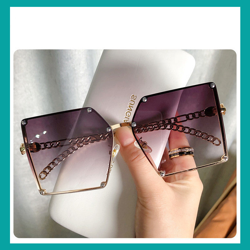 Frameless Big Square Sunglasses Women Fashion Street Shooting G New Sunglasses Personality Metal Chain Trendy Glasses