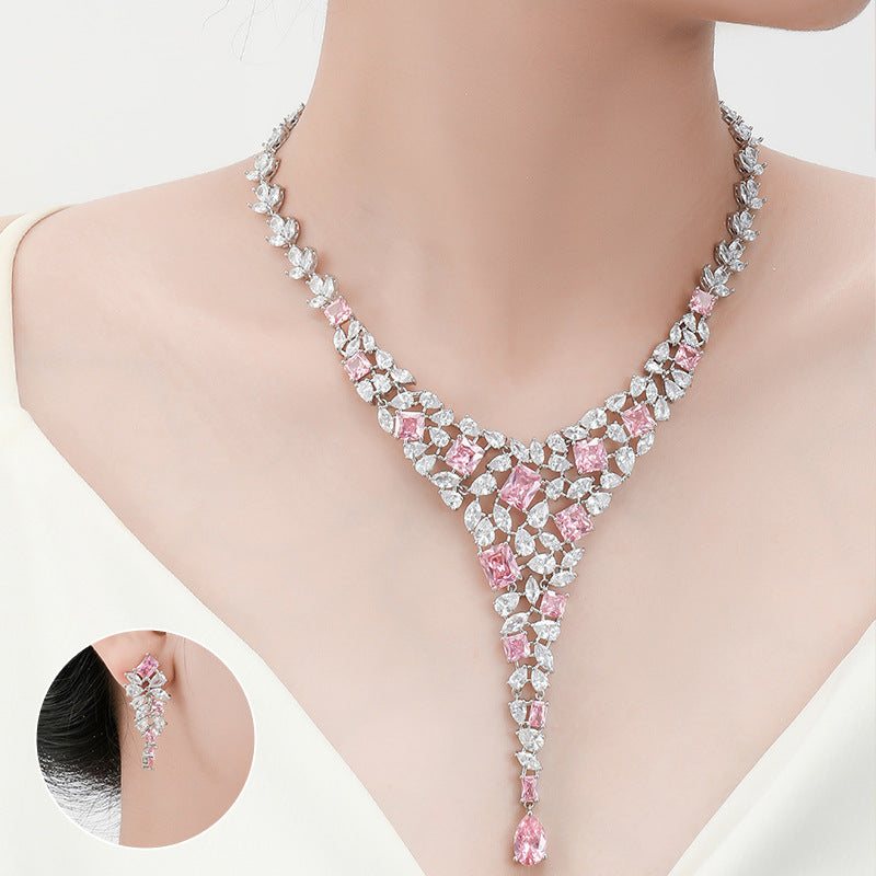 Bridal Necklace Ear Stud Color Zircon Necklace Suit Wedding Dress Wedding Earring Accessories