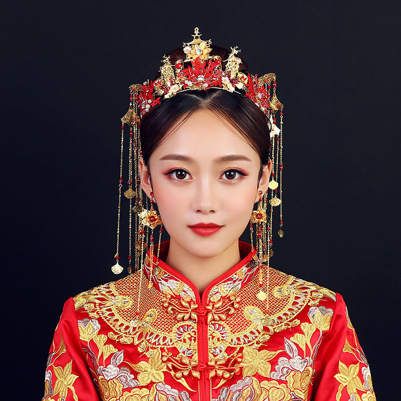 Bridal Headdress Chinese Style Red Phoenix Crown Xiapi Atmospheric Ancient Costume Wedding Hair Accessories Set