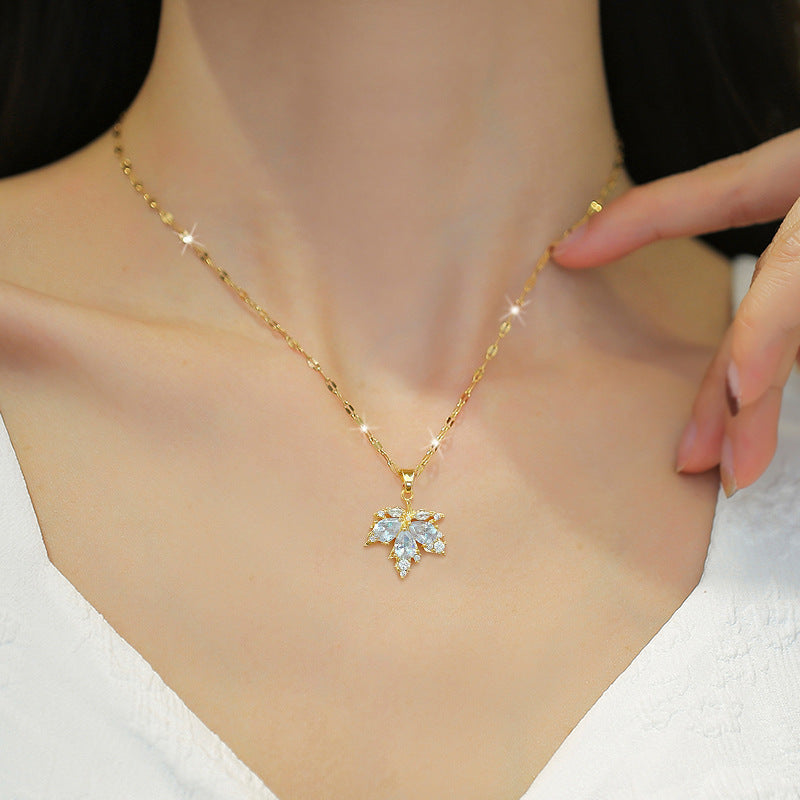 Maple Leaf Light Luxury Temperament Necklace Ear Stud Jewelry Suit Women